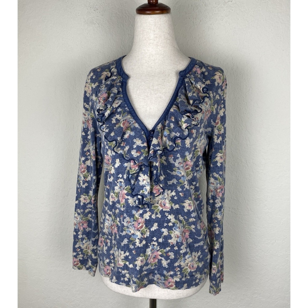 Vintage Ralph Lauren Womens M Top Floral Ruffle Country Cottage 100% Cotton Blue